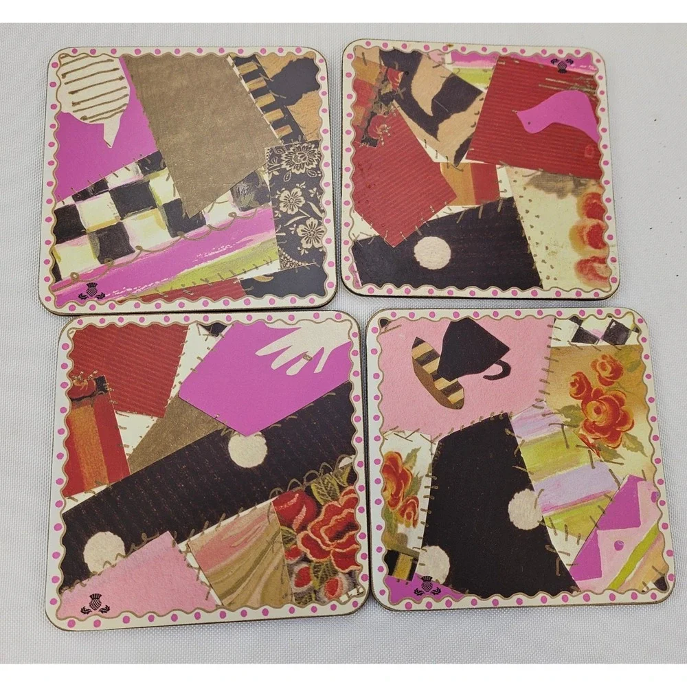 MacKenzie-Childs Set of 4 Collage Patchwork Cork Back Coasters Pink‎ Polka Dot